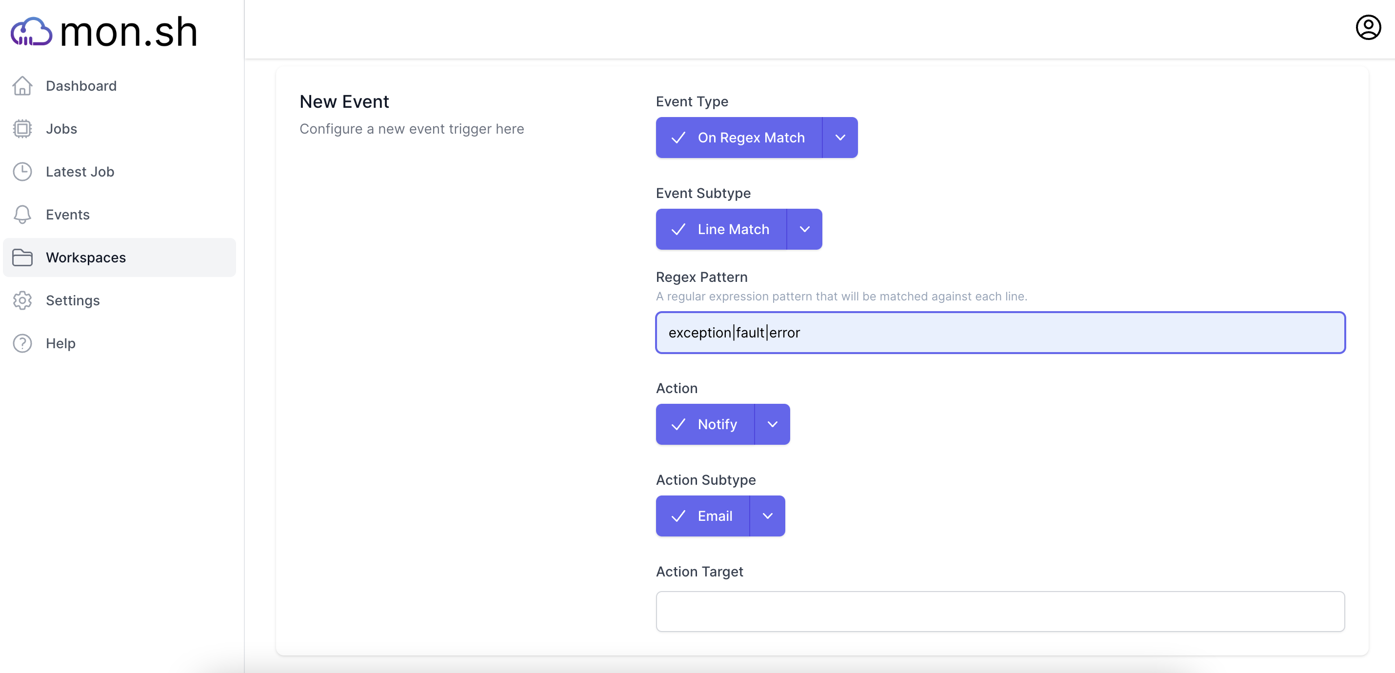 regex event setup in the workspace event configuration section